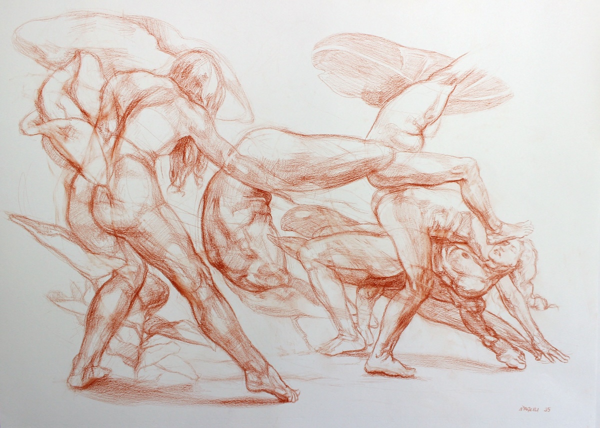 Sema Maşkılı, “Mutual Abuse”, 2025, Sanguine on paper, 50 x 70 cm.