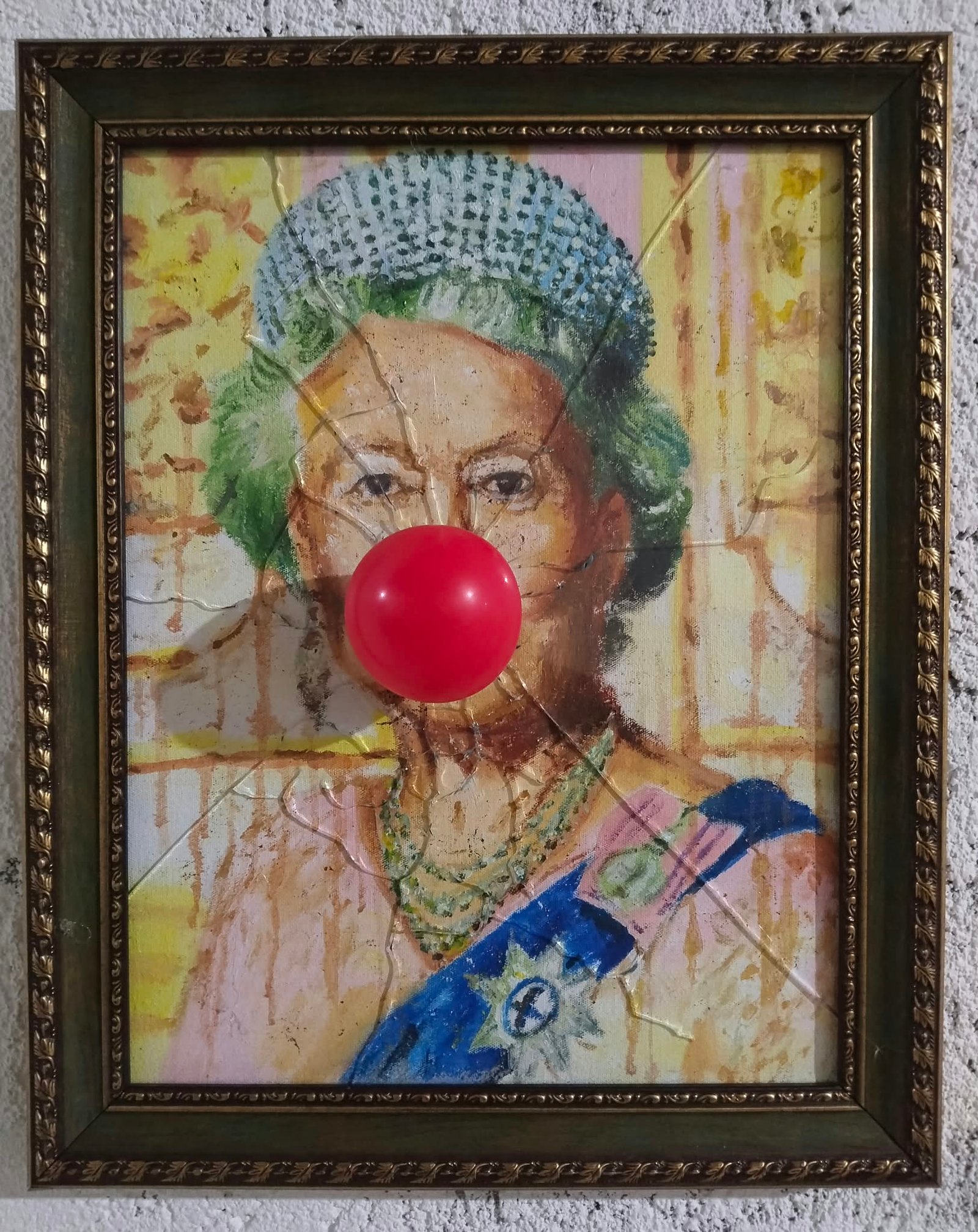 Burhan Kum — Balloon Juice, 2026, Oil on canvas, riddled glass with bullets, balloon, frame, 45x55 cm