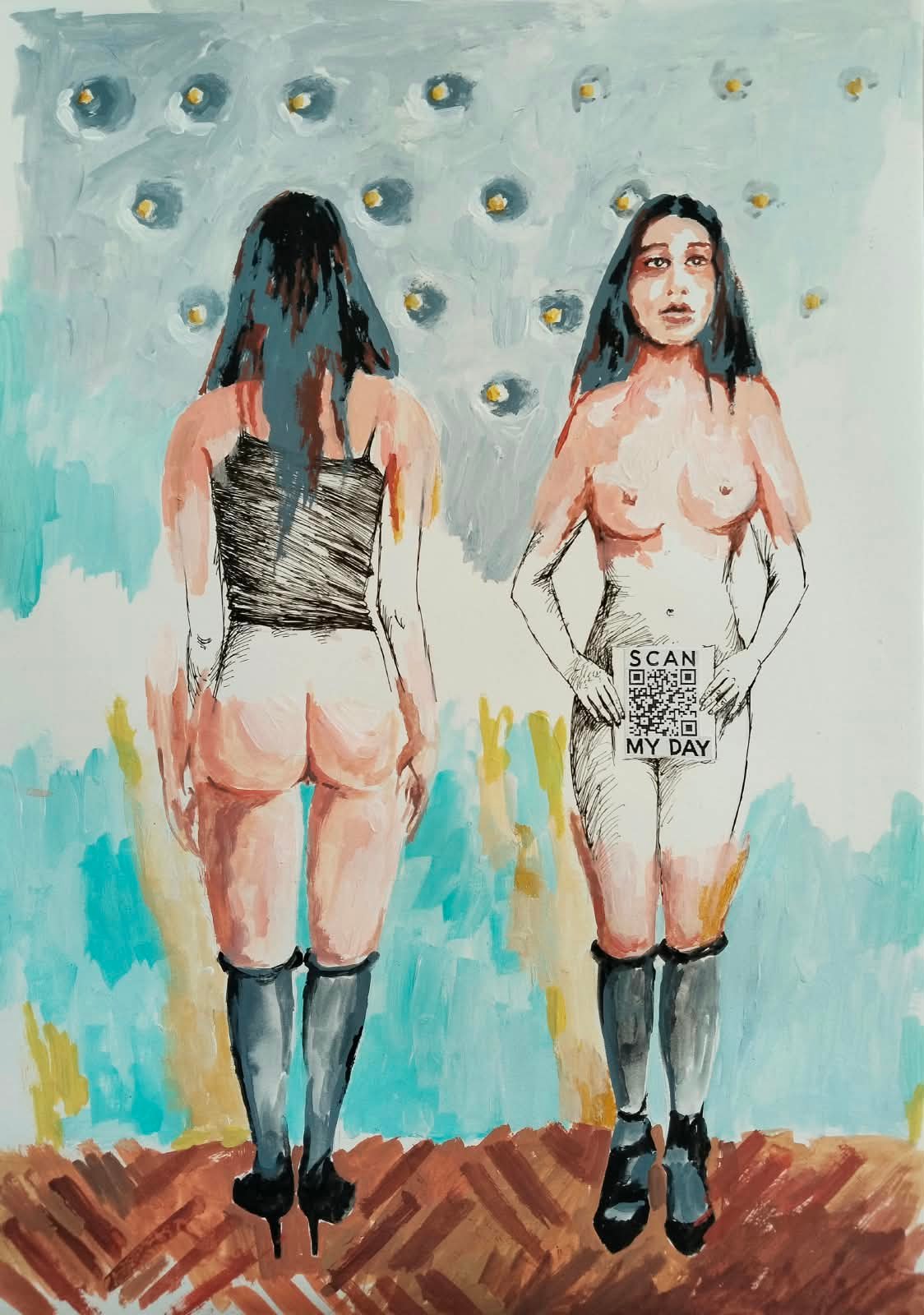 Burhan Kum — Interview, 2026, Ink and acrylic on paper, Video, 50x30 cm