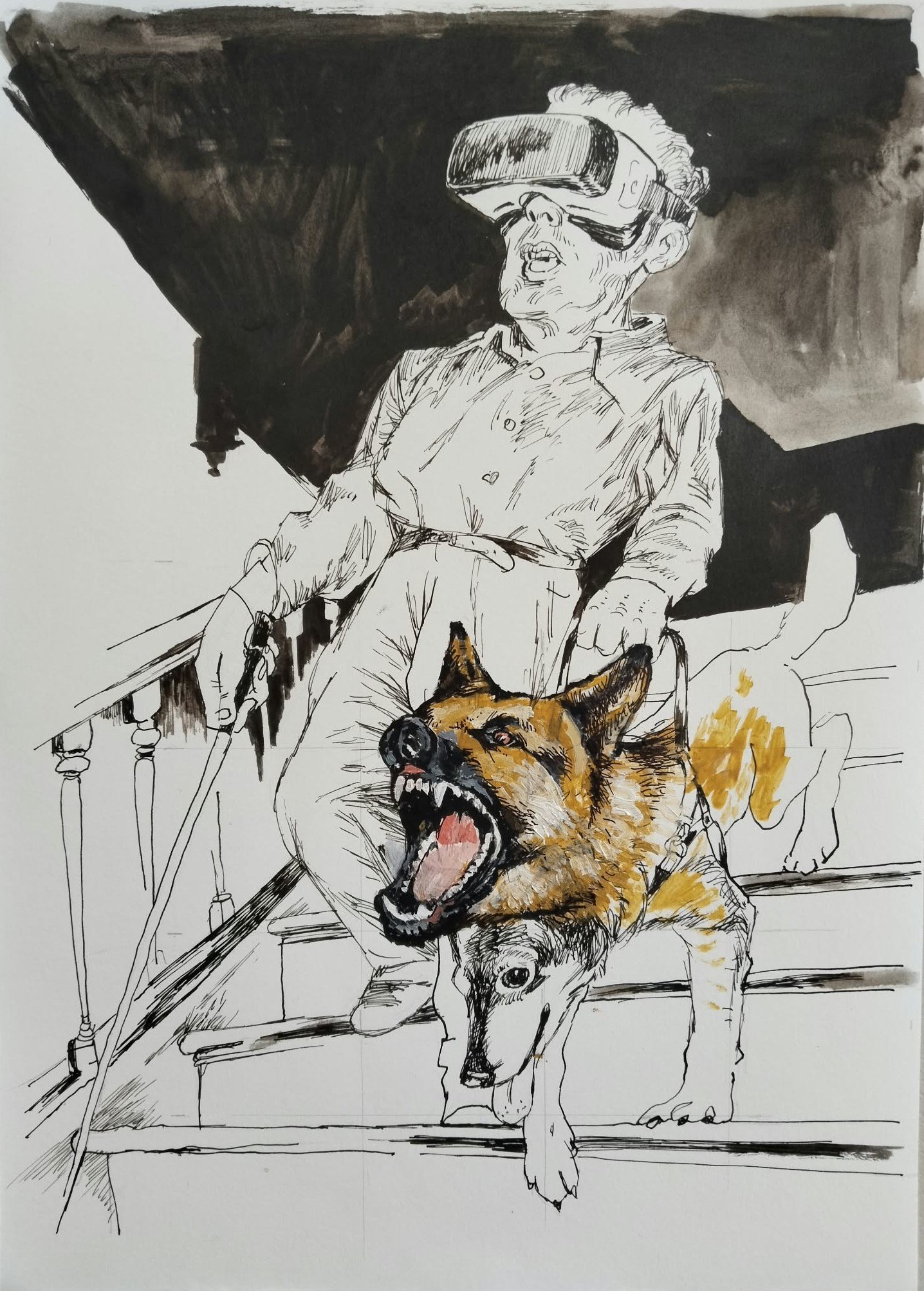 Burhan Kum — Sur-virtual Reality, 2026, Ink and acrylic on paper, 35x25 cm