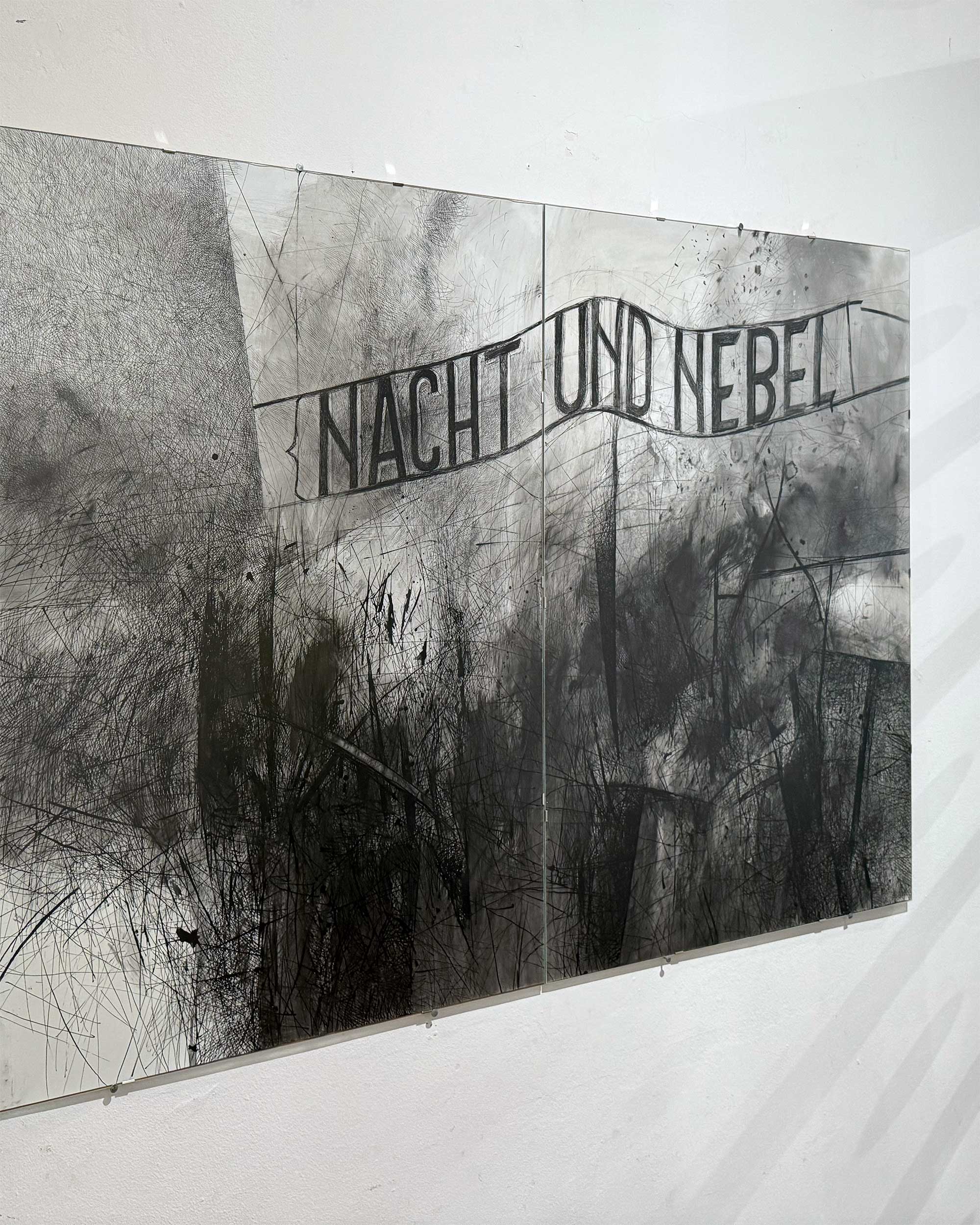 Djochkoun Sami, “Nacht und Nebel”, 2024, Ink on paper, 100 x 140 cm (2 parts, each 100 x 70 cm.)